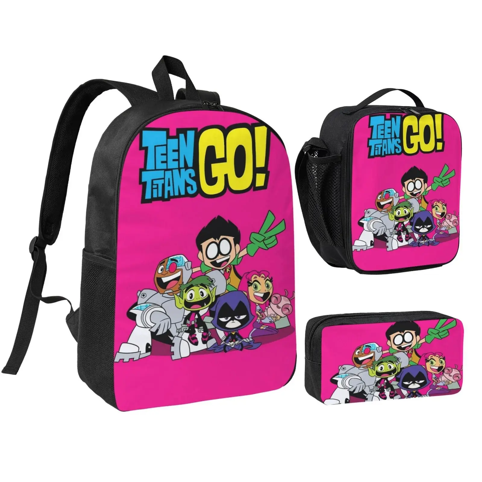 Teen Titans Go! Cartoon Print 3-Pieces Backpack Combo, 600D Oxford Cloth Durable School Bag with Lunch Box & Pencil Case, Adjustable Breathable Straps, 15in Laptop-Fit for Kids Teens School/Travel, Fits 15In