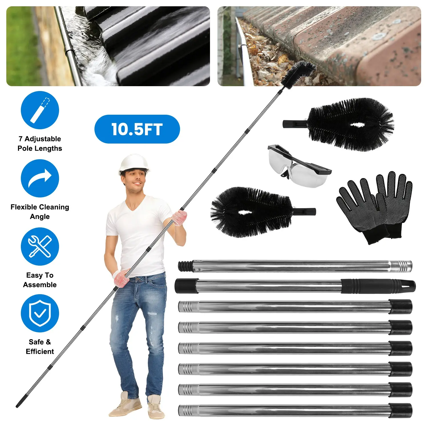 10.5ft Adjustable Rain Gutter Cleaner Brush with Telescopic Handle, 2 Angled Brushes, Non-Slip Grip, Easy to Assemble, Enhanced Safety for Outdoor Rain Gutters Maintenance