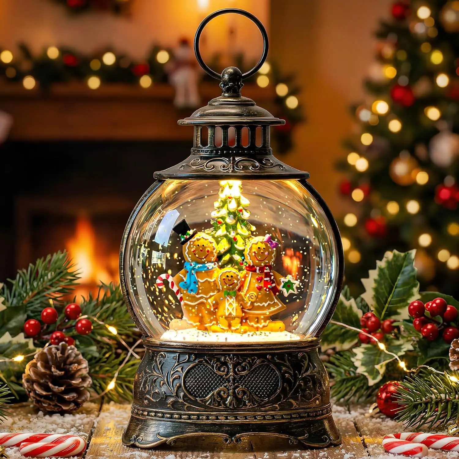 Christmas Snow Globe Lighted Gingerbread Man Family Scene Musical Snow Water Lantern Swirling Glittering Home Decoration and Gift Battery Operated or USB Powered