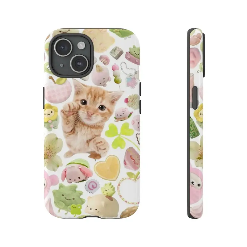 Kawaii Orange Tabby Kitten Collage Smartphone Casing - Soft TPU Shockproof Protective Handheld Device Cover, Japanese Sweet Dessert Floral Sticker Print for iPhone 11-17 Air/Pro Max, for Cat Lovers