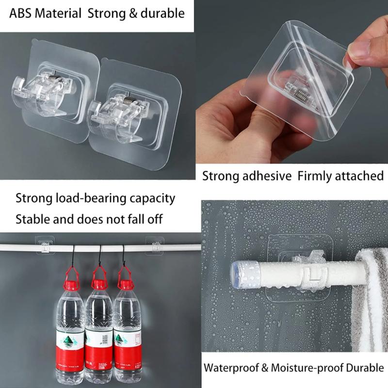 8PCS Self Adhesive Curtain Rod Holder No Drilling,No Drill Curtain Rod Brackets,Renter Friendly Draper Rod Hook,Nail Free Adjustable Non Screw Drapery Pole for Apartment Window Wall Door Ceiling Mount