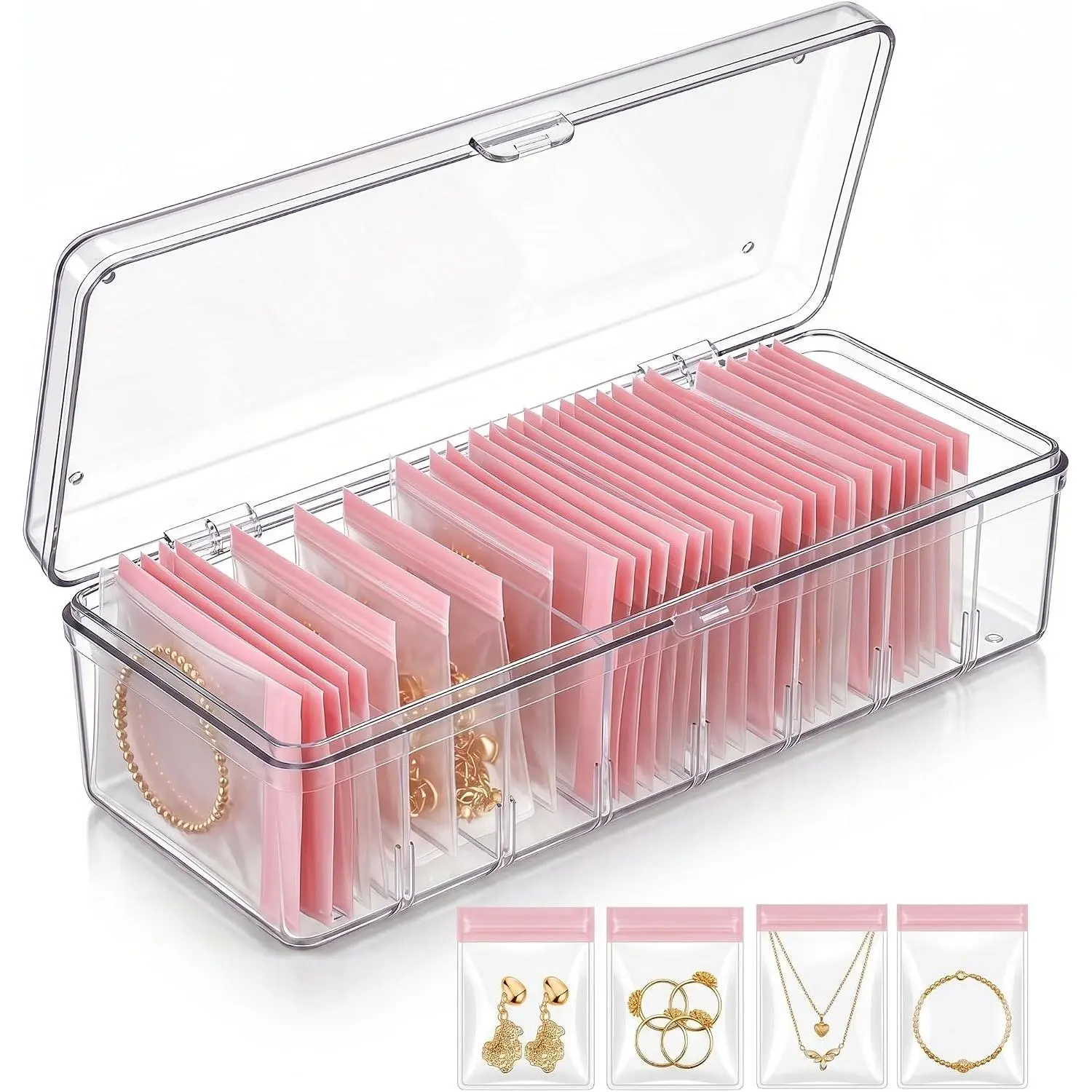 Organizer and Storage Box with 30 count Anti Tarnish Bags, Clear  Case with 7 Adjustable Dividers for Earrings Necklaces Rings,  Display & Portable Travel Case (Box&S)