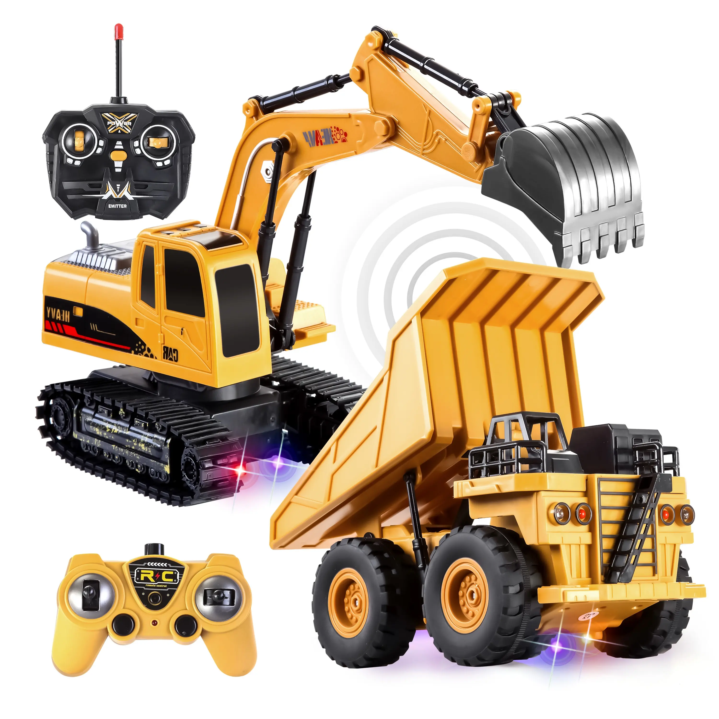 2-in-1 Remote Controlled Vehicle Construction Toy Set - RC Excavator, Dump Truck, 3-Battery Rechargeable Playset with Road Signs, Cones, Rocks, Kids’ Gift, Unisex Names