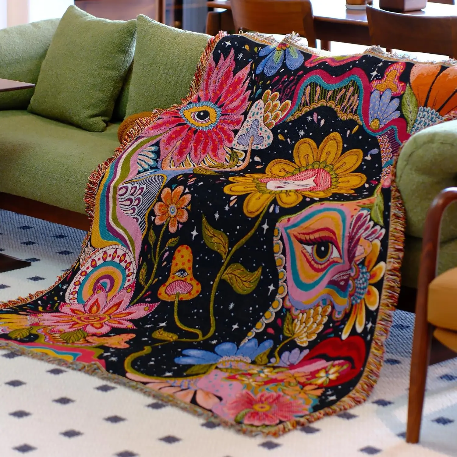 Hippie Flower Boho Throw Blanket for Couch Bed Chair Lounge Hippie Room Decor Reversible Cotton Woven Whimsical Throw Blanket Witchy Room Decor Throws Bed Spread Outdoor Camping Blanket 51x59 Inches