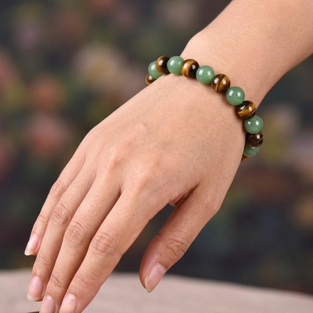 Green Agate Crystal Bracelet with Tiger Eye Beads Chakra Healing for Wealth Prosperity Good Luck Natural Stone Bead Unisex 8mm Beads