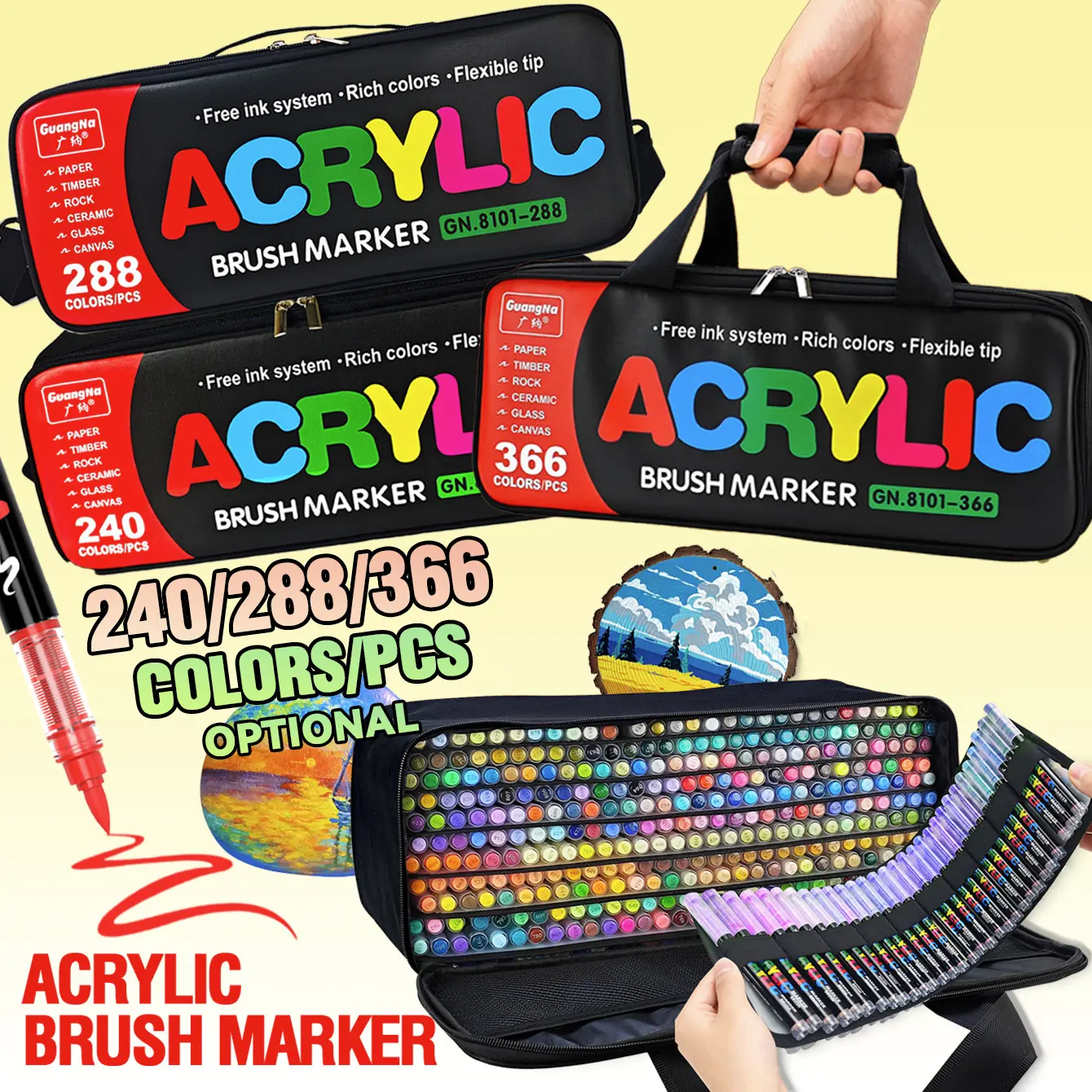 Guangna Acrylic Marker Pens, 240/288/366 Colors, Smooth Ink Flow, Ideal for Various Surfaces, Perfect Back-To-School Gift