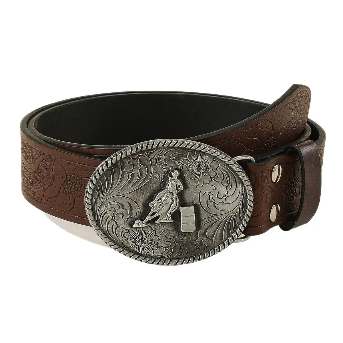 Western Cowboy Belt with Barrel Racing Horse Buckle & Tooled Floral Pattern