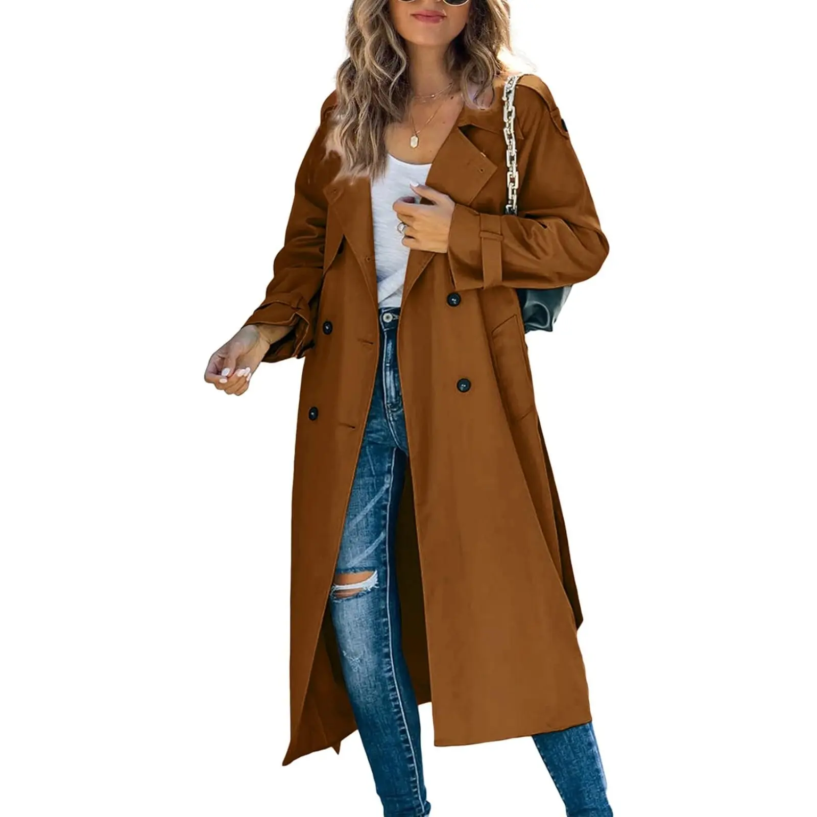 Tankaneo Women's Long Sleeve Polyester Double-Breasted Trench Coat, Classic Lapel Slim Overcoat with Belt, Windproof Casual Jacket with Button Fasten