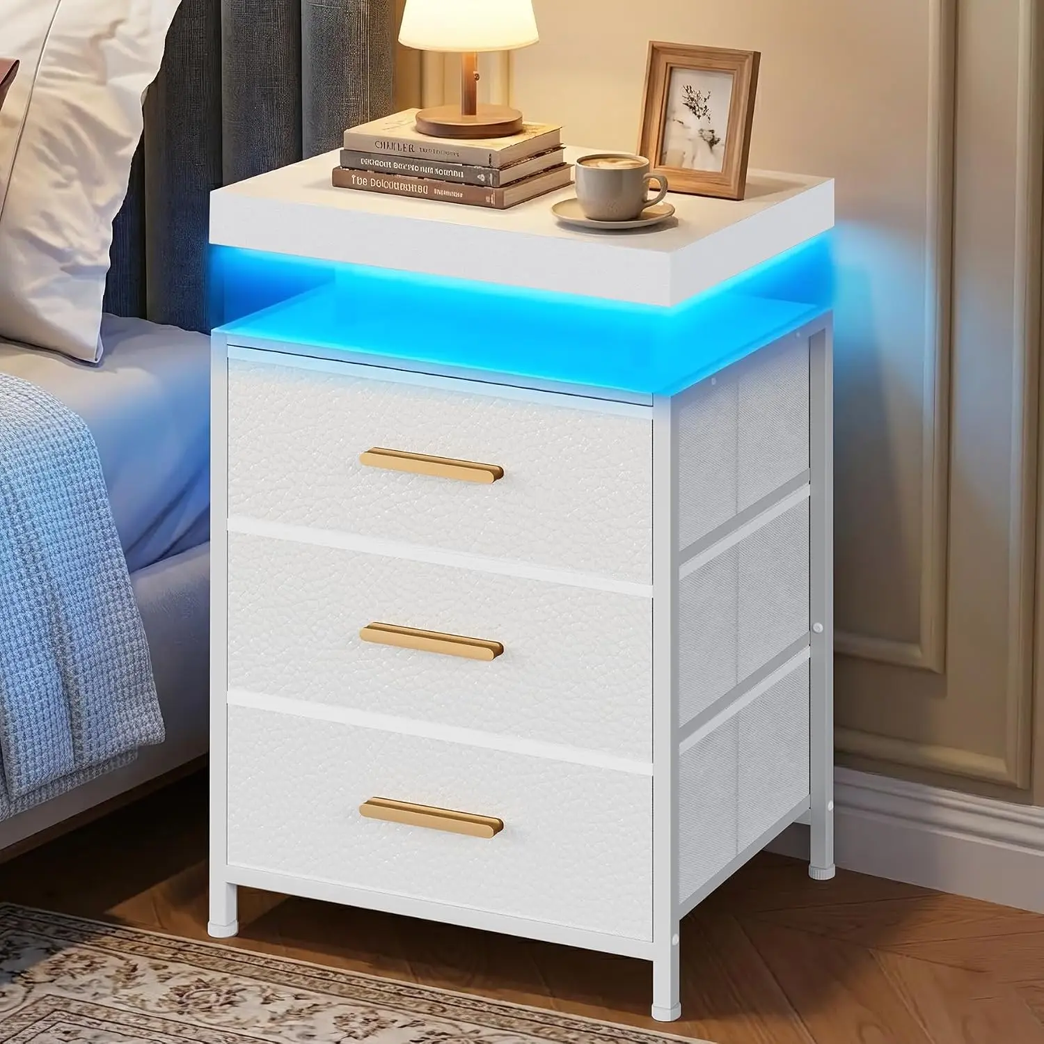 Nightstand with LED Lights, 3 Fabric Storage Drawers, Bedside Table with Floating  Top & PU Leather Fronts, Compact Modern End Table for Bedroom, Living Room or Dorm, White