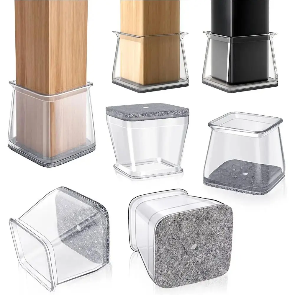 Chair Leg Floor Protectors for Hardwood Floors - Large Clear Square Silicone Felt Furniture Pads, Noise Reducing Non-Slip Sliders Caps
