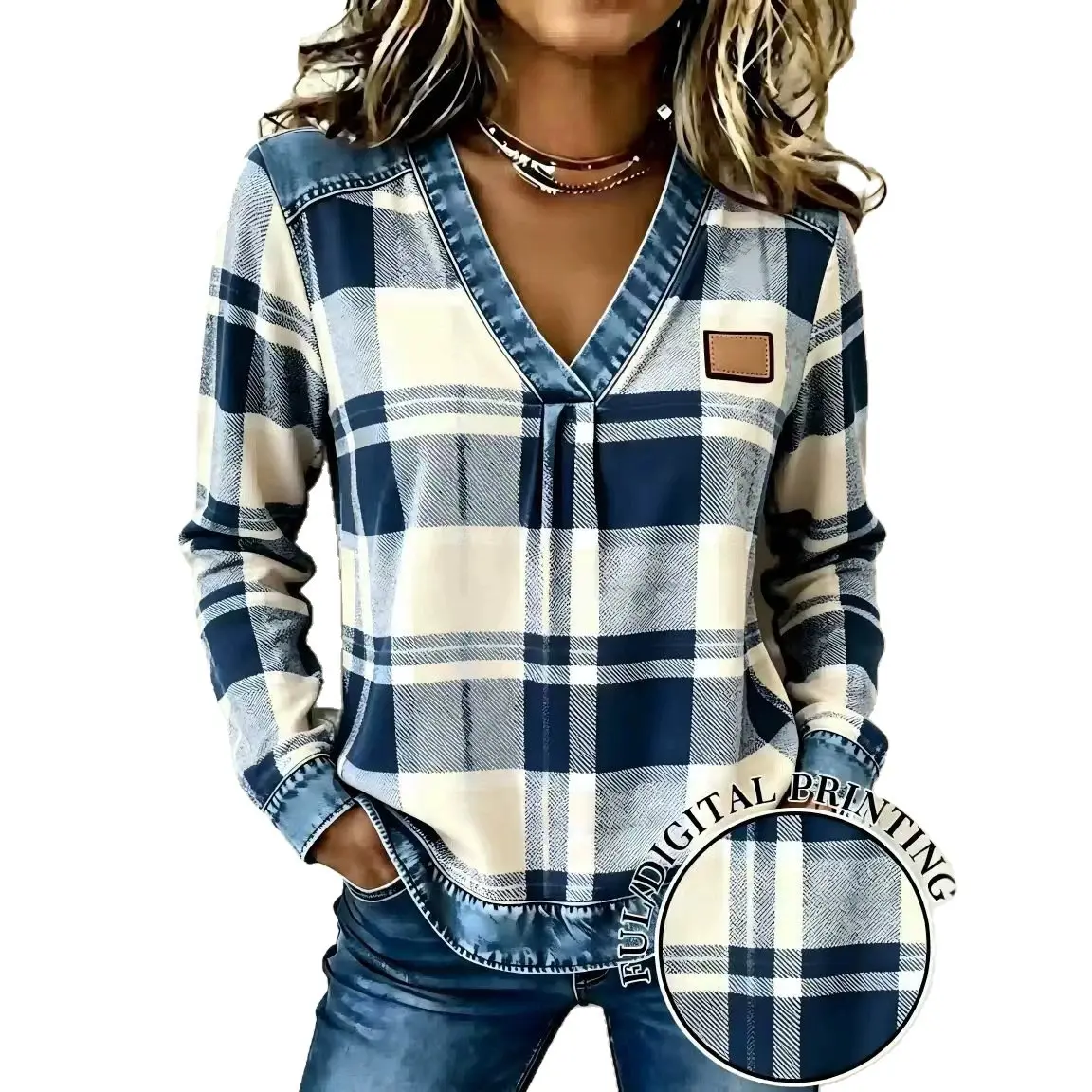 New Spring Fall Women's V Neck Long Sleeve Top, Color Block Plaid Pattern, Fake Denim Patchwork Print, Casual Fun Shirt