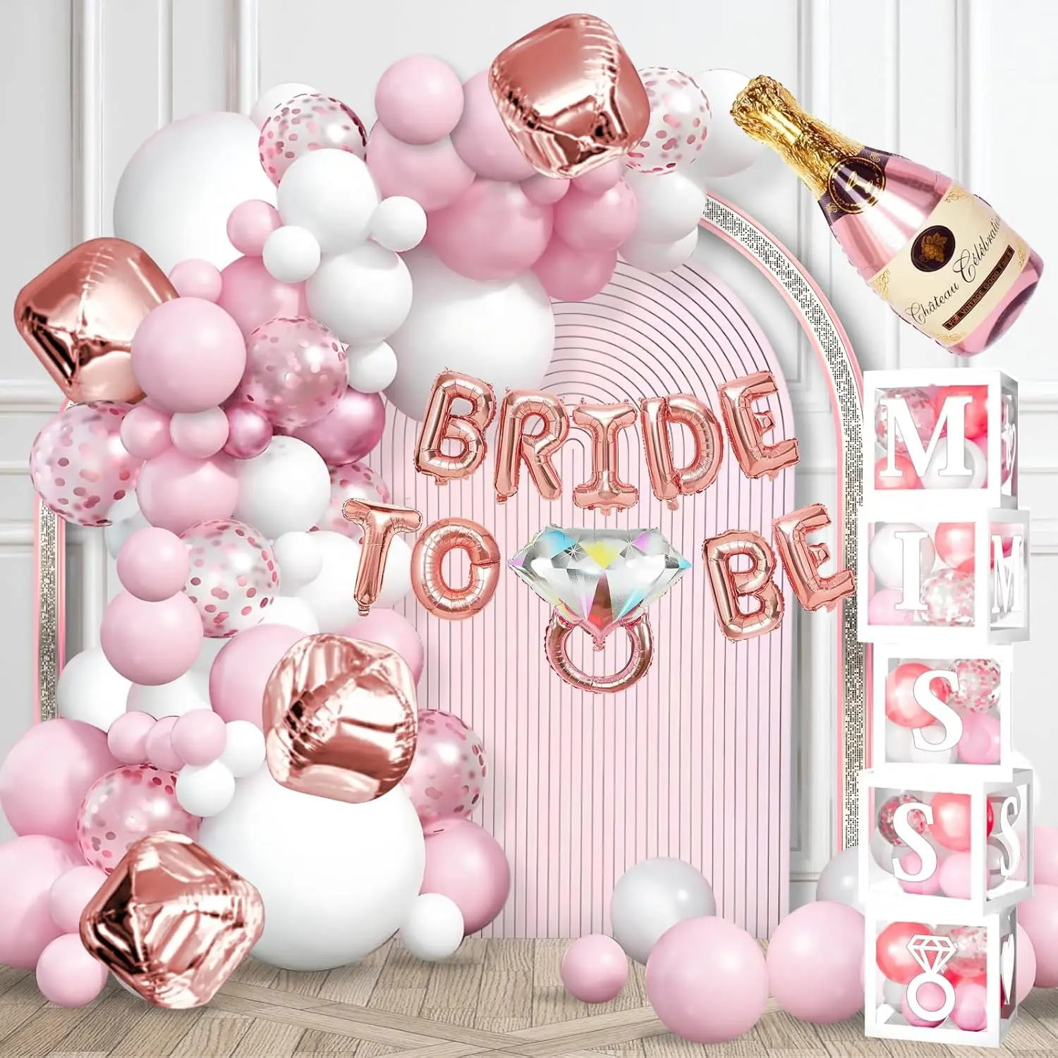 188 count  Bridal Shower Decorations – Balloon Arch, Boxes & A-Z Letters | Bridal shower & bachelorette kit: balloon arch, 5 DIY balloon boxes, foil balloons, table signs; /rose