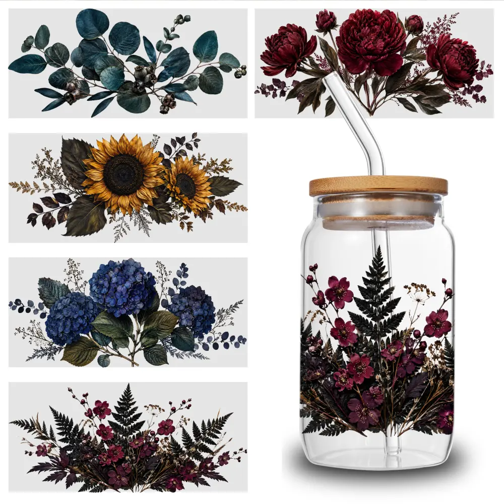 5-Sheet UV DTF Self-Adhesive Stickers, UV Resistant Flowers Botanical Print DTF Vinyl Transfer Paper, 16oz Glass Jar Cup & Bottle Decorative Packaging Decals