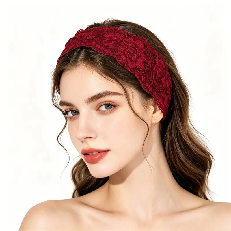 Unisex Single-Layer Hollow Lace Stretch Sports Headband, Elegant Floral Motif Hair Accessory for Western Look, Party Masq., Stretch Headband, Unisex Wear, Party Masquerade