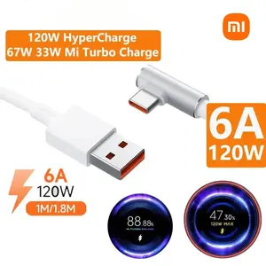 Original For Xiaomi 120W 6A USB Super Fast Charger For Mi 12 11 POCO X5 X4 Pro Redmi Note 8 9 10 11 90 Degree Type C Charging Cable