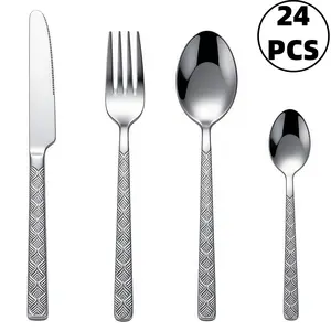 24Pcs Wheat Ear Herringbone Woven Handle Stainless Steel Cutlery Set, Mirror Polished Silverware Flatware, Rustproof Dishwasher Safe, Ideal for Home Kitchen, Family Gathering, Restaurant & Holiday Gifts