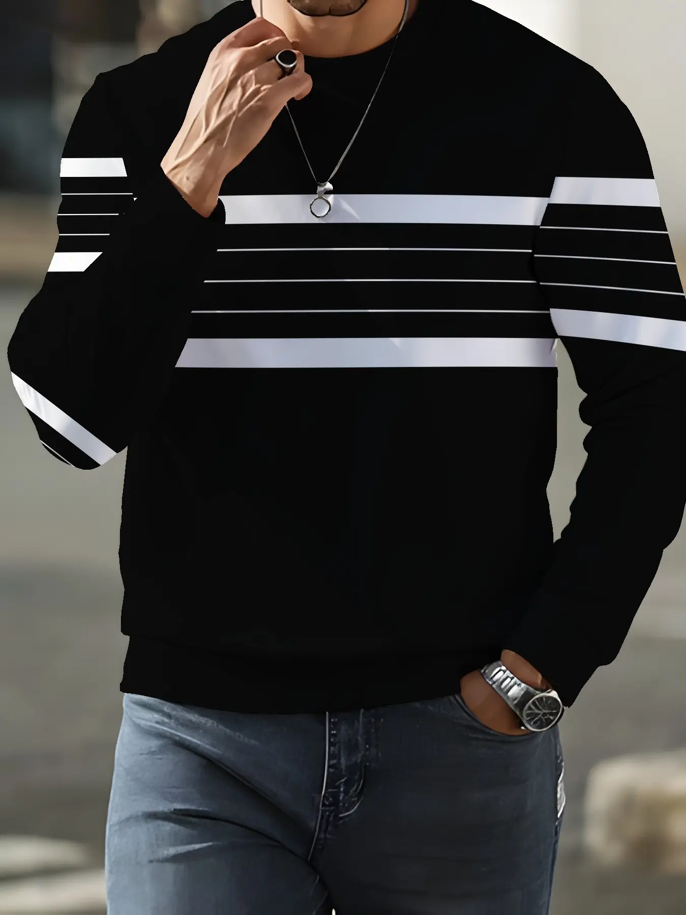 Fashion Simple Versatile Men's Round Neck Sweatshirt, Patchwork Striped Pattern Print, Suitable for Outdoor Activities, Casual Long Sleeve Top