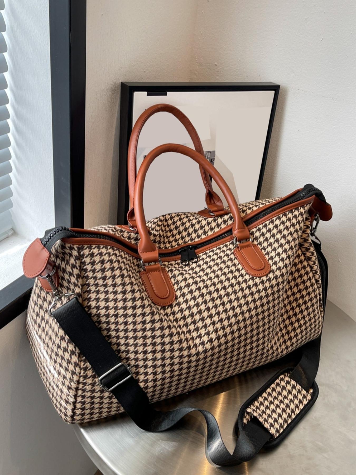 Houndstooth Pattern Travel Bag for Women & Men, Lightweight Large Capacity Zipper Bag, Casual Trendy Versatile High-quality Daily Commuting Bag, Travel Duffle Bag, Travel Duffel Bag, Canvas Travel Bags