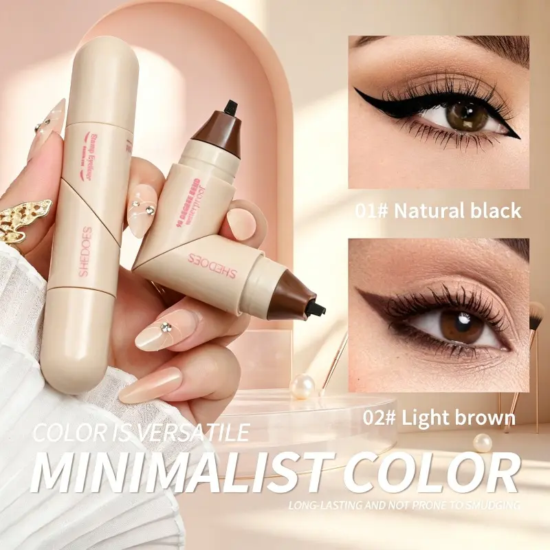 Dual-ended 2-in-1 Eyeliner Stamp Set, integrated design of liner pen & wing stamp, versatile soft natural black & light brown shades, long-lasting waterproof smudge-proof formula, effortless lifted cat-eye in one stroke