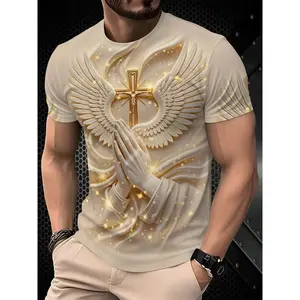 Men's Religious Prayer Angel Wings Cross 3D High Definition Graphic Print T-Shirt, Round Neck Short Sleeve Slim-Fit Summer Streetwear Tee
