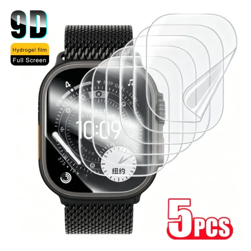 5PCS 9D Hydrogel Screen Protector, Smartwatch Accessories for Apple Watch S11 S10 Ultra Ultra2 S9 8 7 6 5 SE 49MM 46MM 42MM 45MM 40MM, Full Coverage Self-Healing Anti-Scratch Film, Hydrophobic Oleophobic Anti-Fingerprint Bubble-Free