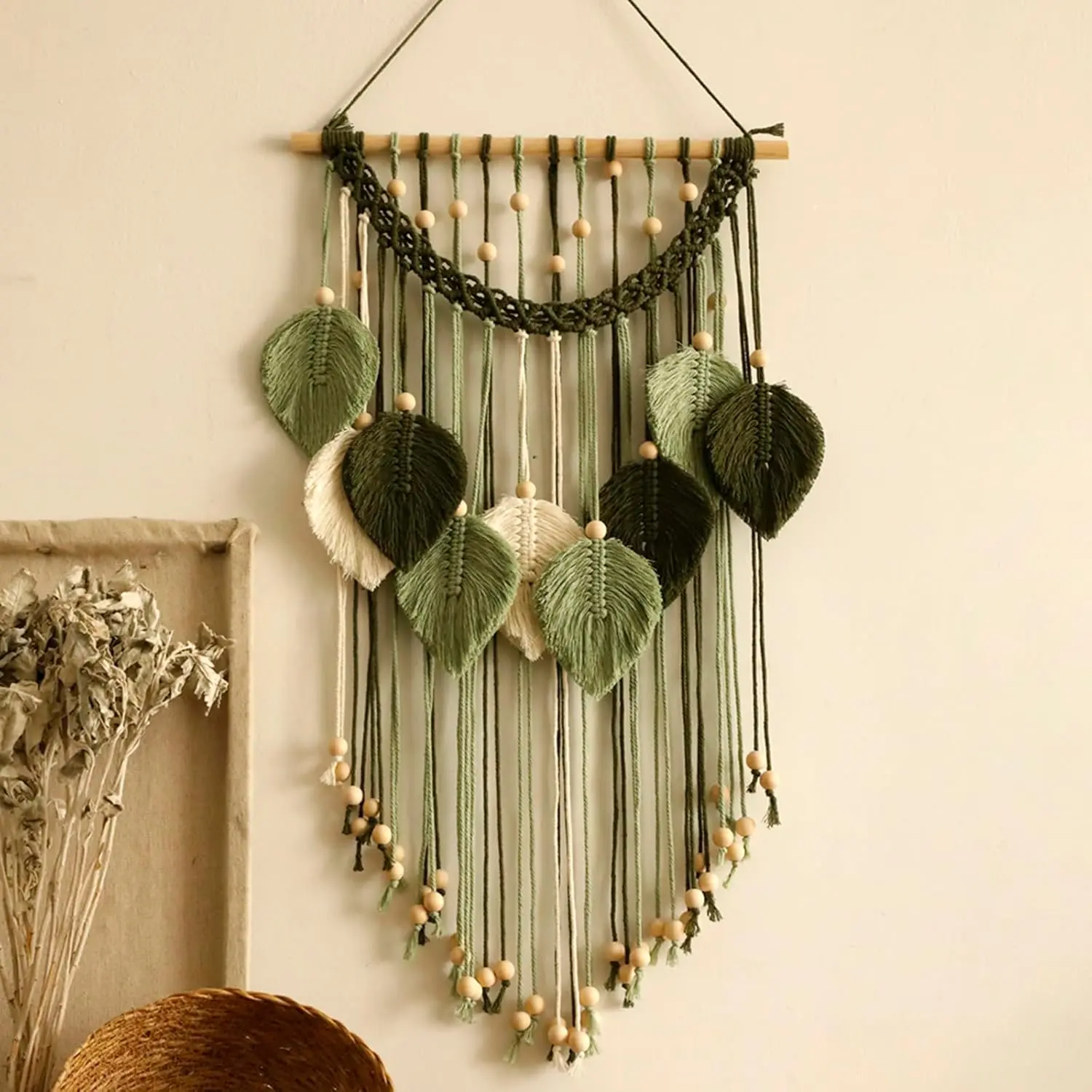 Handmade Sage Green Leaf Macrame Wall Hanging Decoration - Indoor Recreation Decor for Bedroom, Living Room - Birthday Gift for Women