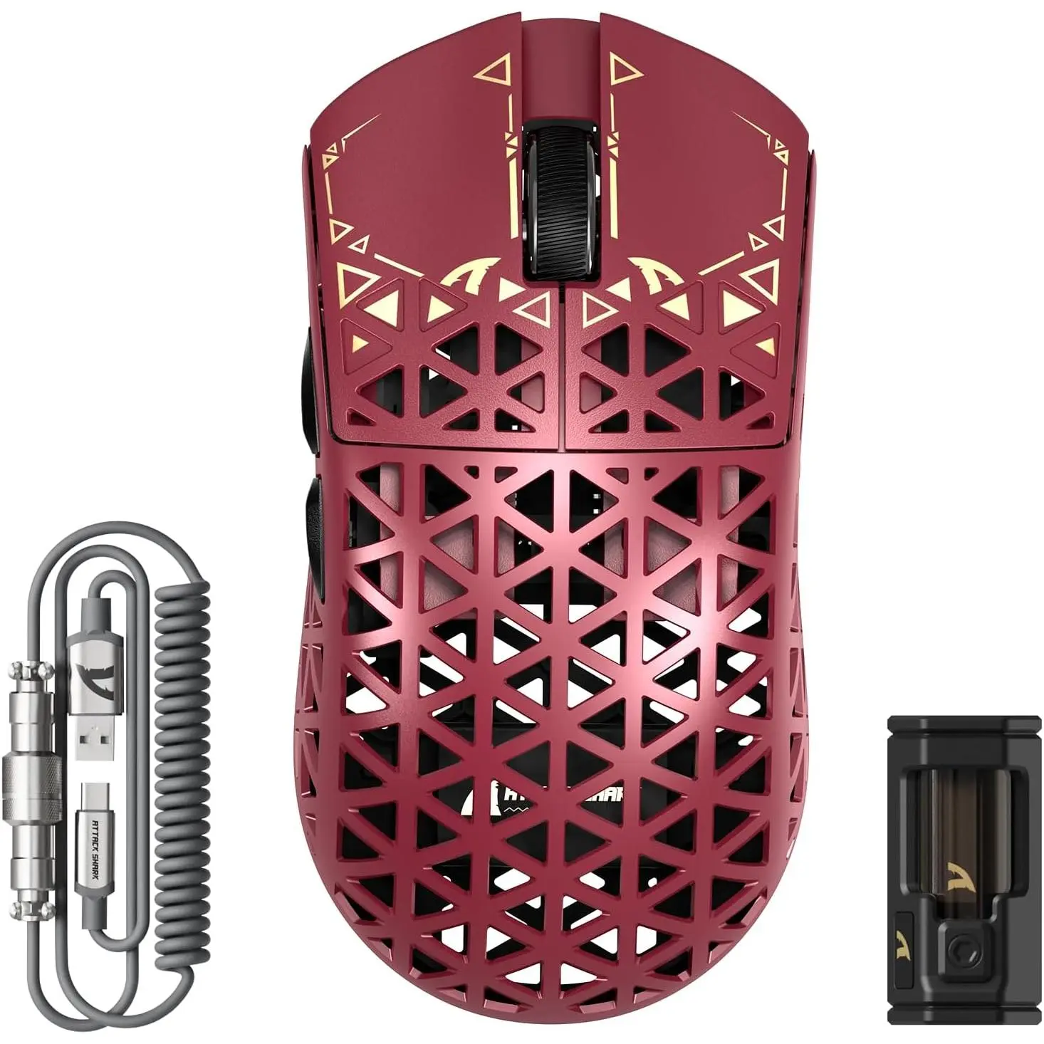 R5 Ultra  Gaming ,39g Superlight Carbon Fiber Hollowed-Out,PAW3950MAX Optical Sensor Nordic 52840 MCU 8K Polling 42K DPI,Tri-Mode Programmable Mice with Coiled -Red