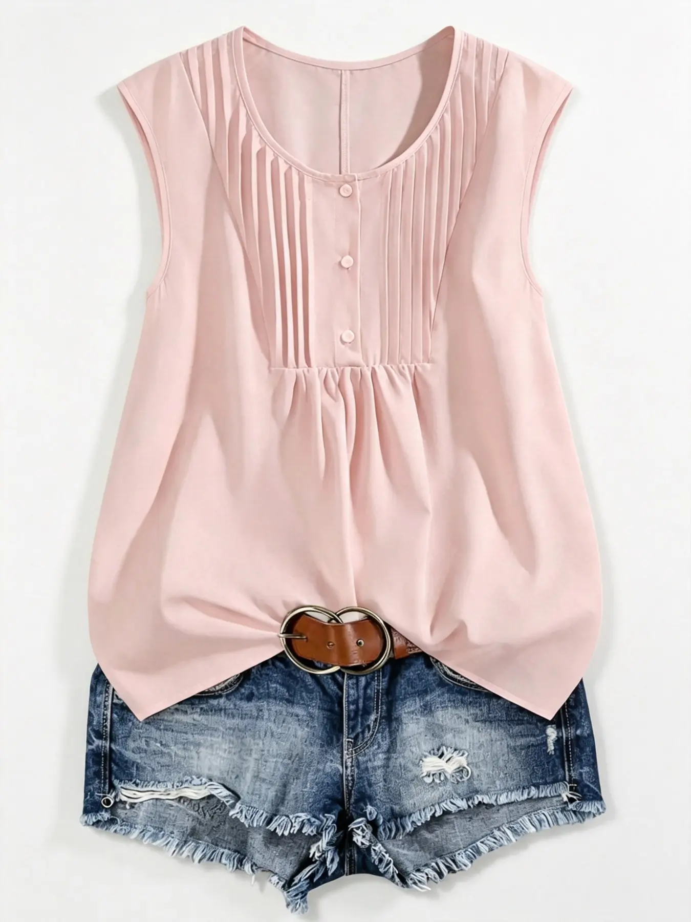 French Pleated Round Neck Sleeveless Shirt Vest, Loose Fit Slimming Flowy Pleated Buttoned Lightweight Fashion Chiffon Top Blouses, Spring Summer Plus Size Women's Clothing