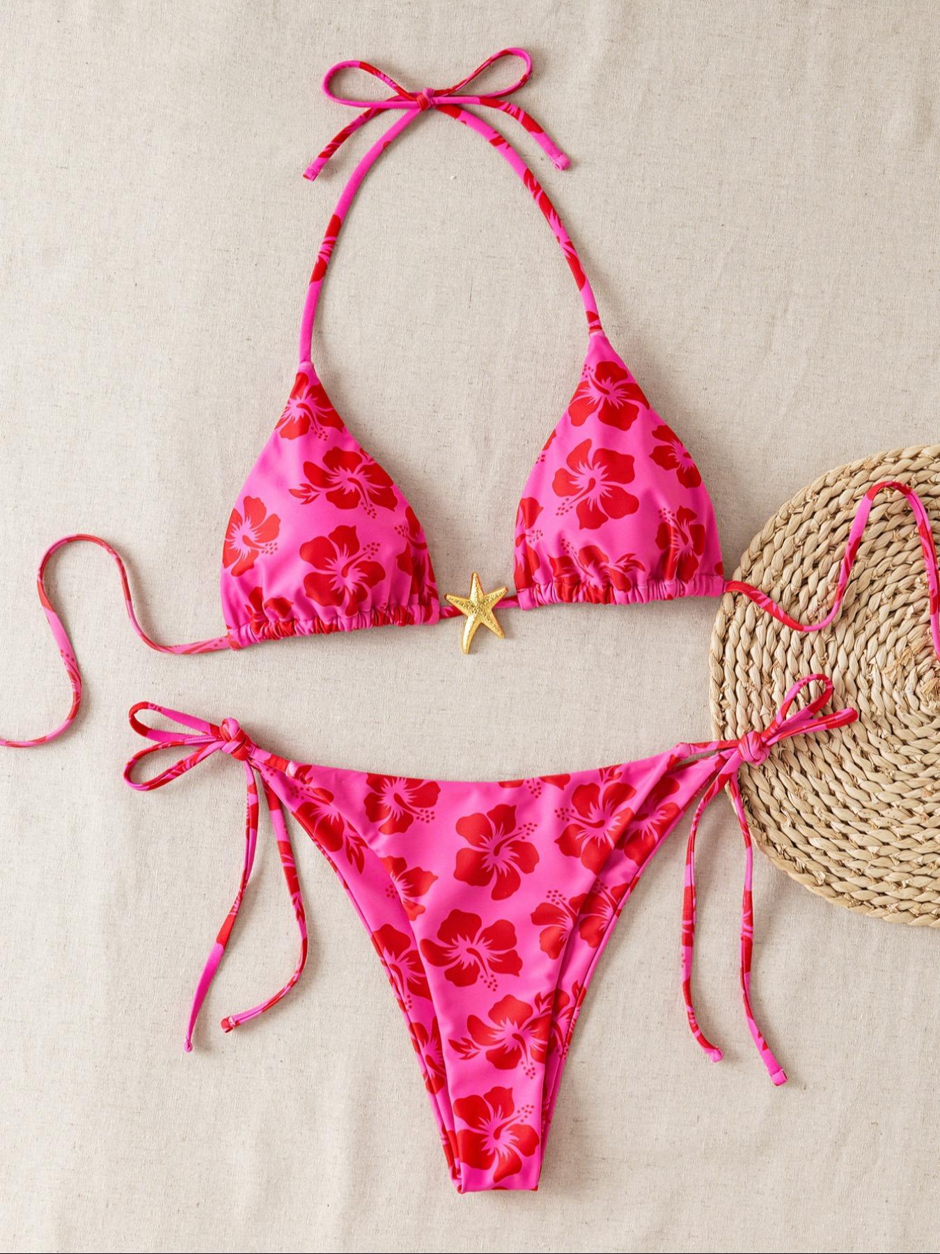 Two-piece Set Women's Striped / Floral  Print Bikini Set, Casual Fashion Chic Swimwear Set for Beach Holiday Vacation, Ladies Swimsuit for All Seasons