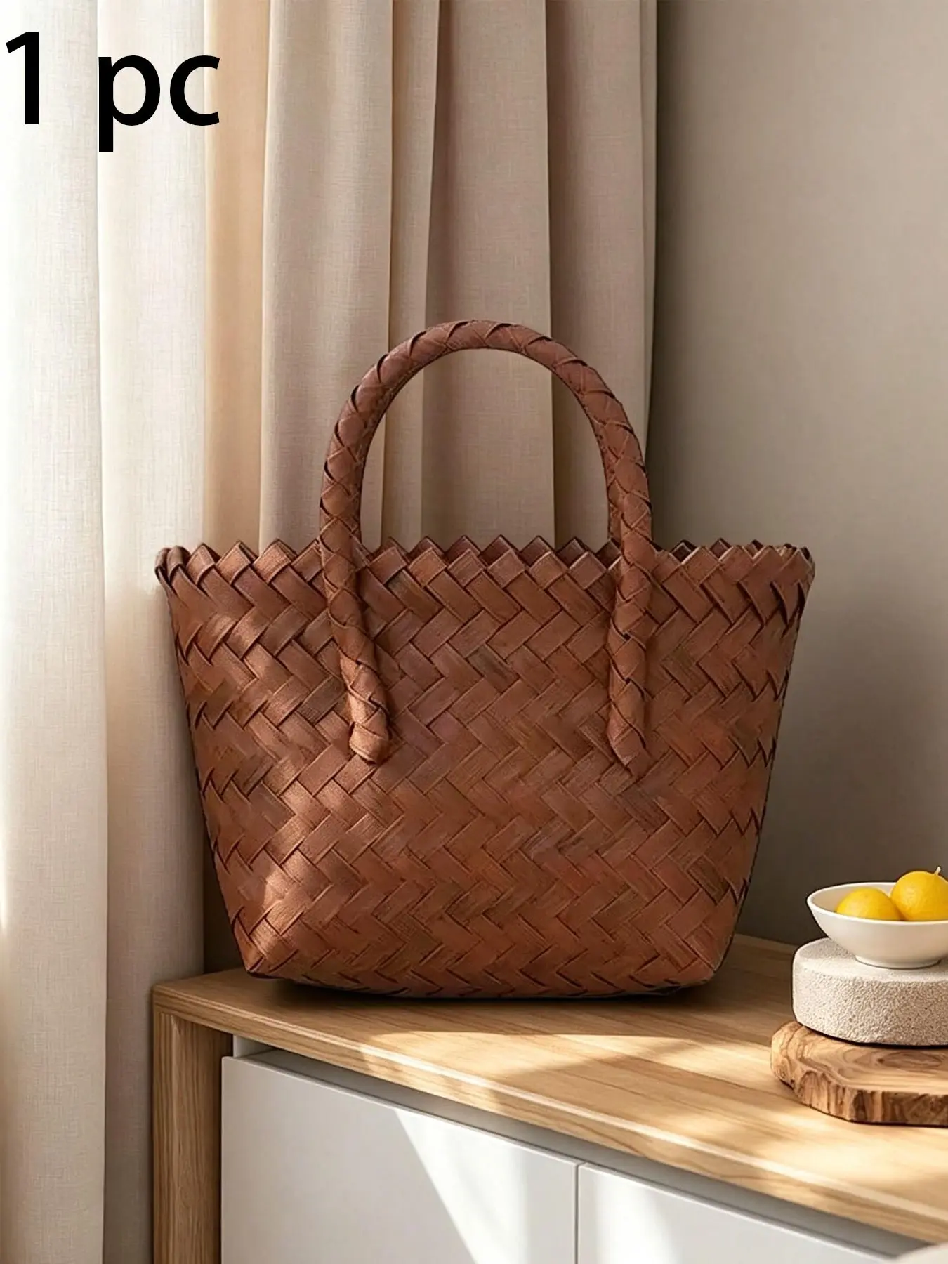 French Vintage Woven Tote Bag, Versatile Large Capacity Open Top Basket Bag, Women's Commute School Beach Handbag