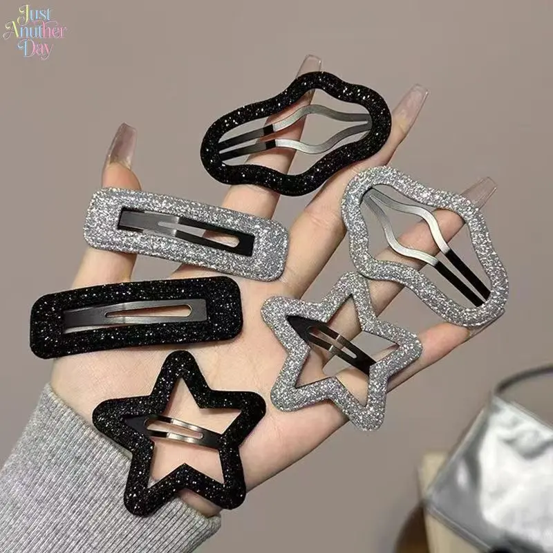 20 Pack Shiny Glitter Hollow Star & Wavy Rectangle BB Hair Pins, Black & Silver Sweet Cool Y2K Style Hair Barrettes, Minimalist Side Bang Clips for Women Daily Hairstyle Decor