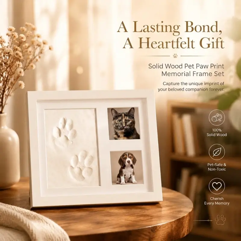 Solid Wood Pet Paw Print Memorial Frame Kit Non-Toxic Clay Paw Imprint Picture Frame For Dog Cat Keepsake Memory Photo Gift For Pet Lovers