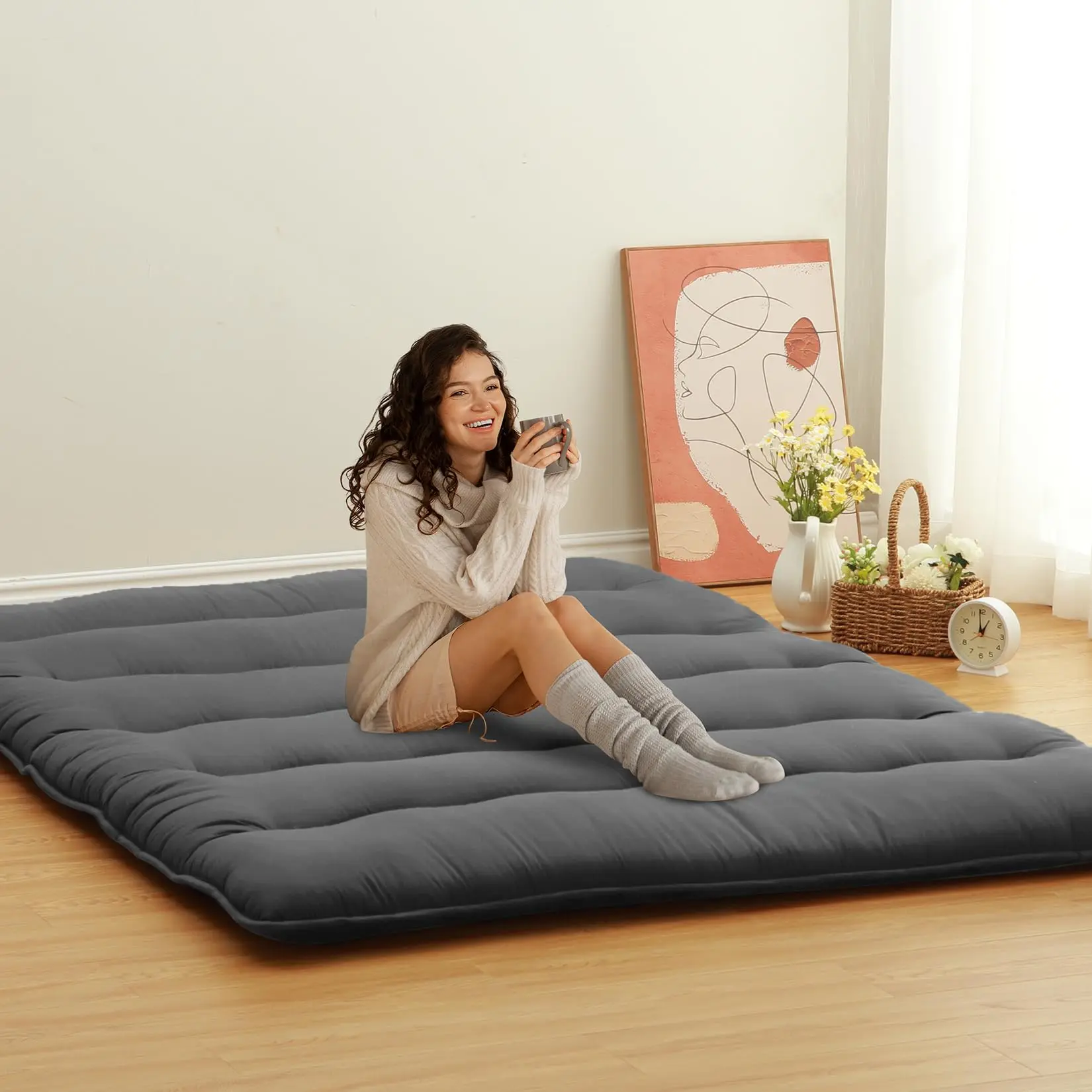 3'' Thick Japanese Floor Futon Mattress – Collapsible Tatami Mat for Camping, Dorm, Sofa, Yoga, Meditation – Portable Roll-Up Sleeping Pad, Comfortable Twin/Full Size Floor Couch Bed – Grey