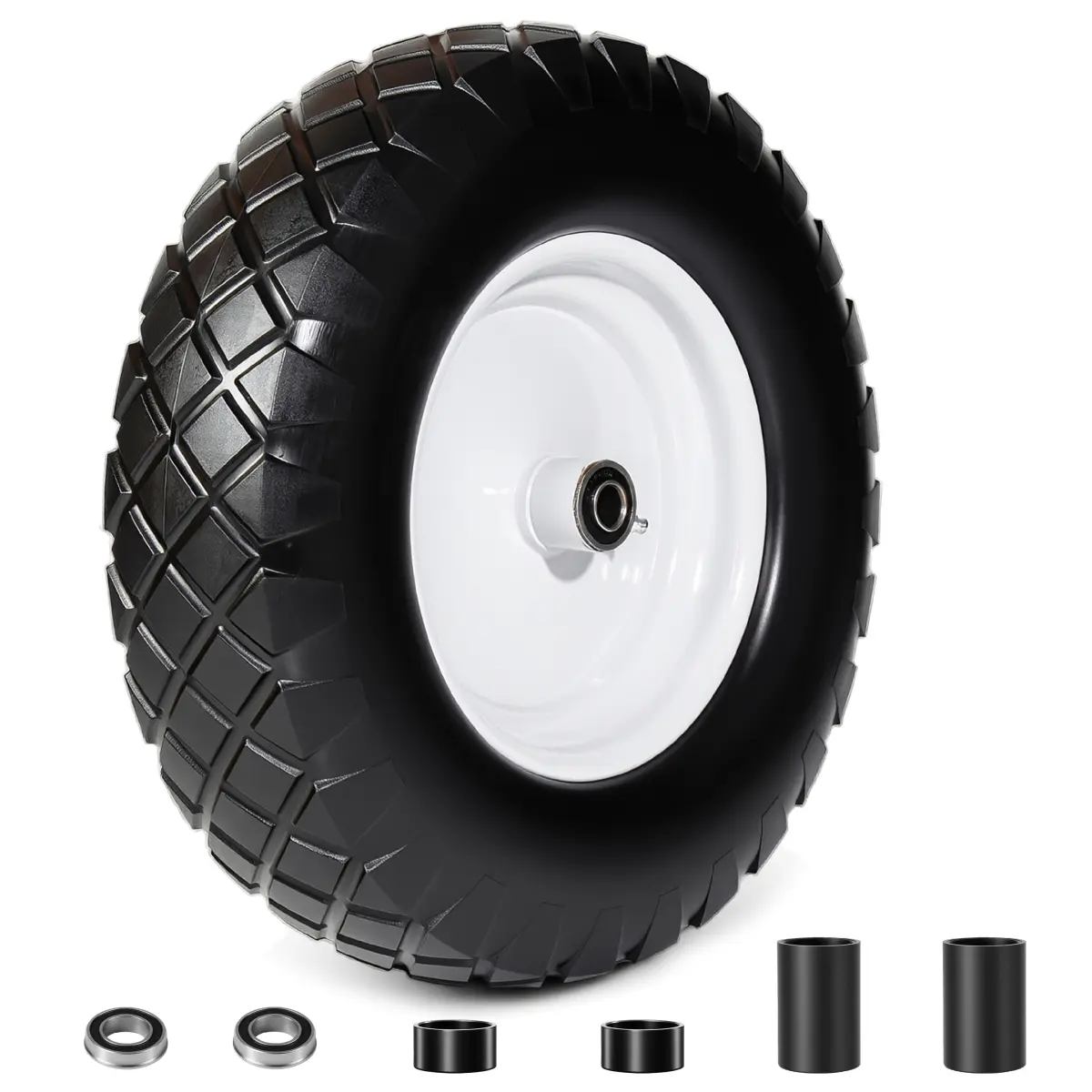 Maintenance-Free Polyurethane Wheelbarrow Tire & Wheel (4.80/4.00-8) for Electric Toy Accessories, 16" Solid Tire with 5/8" & 3/4" Bearings, 3" Hub, 0.5" Hub Spacers, 6.17 lbs, Gardening/Transportation Use (15.43x15.43x3.66 in, Set of 1)
