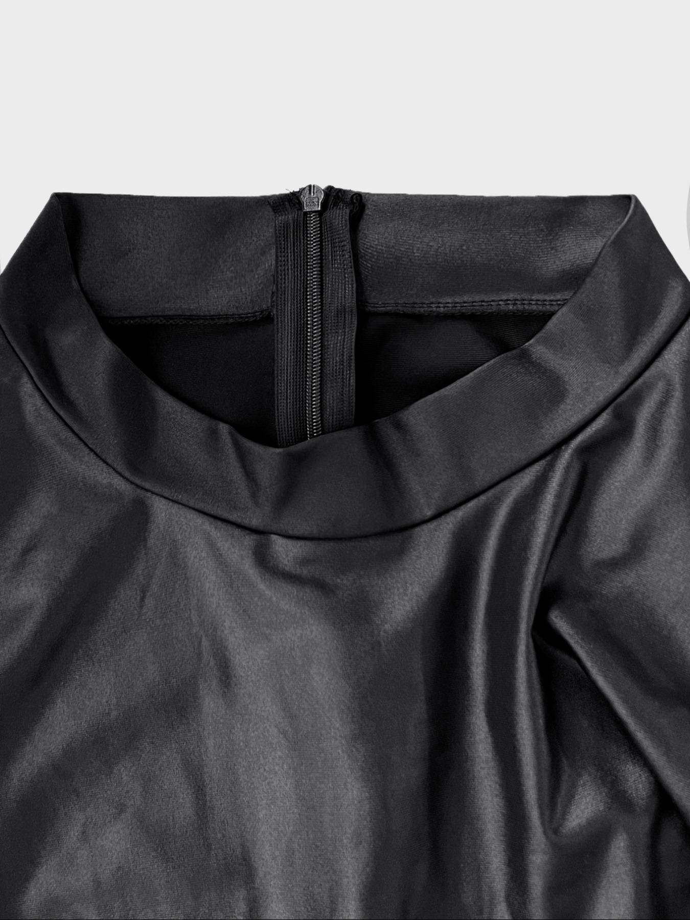 Women's Split-Hem Coated-Leather Ruched Dress, Mock Neck Long Sleeve Slim Fit Black Dress for Festivals and All-Season Wear, Chic