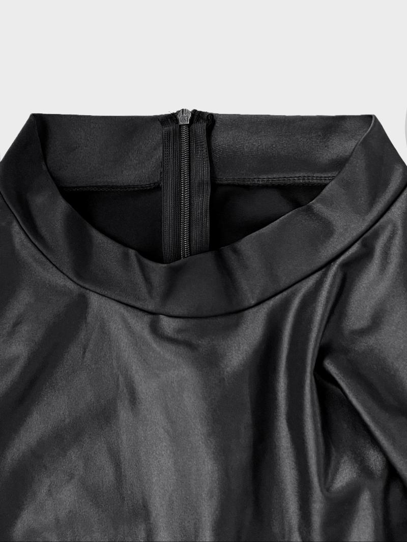 Women's Split-Hem Coated-Leather Dress, Mock Neck Long Sleeve Slim Fit Black Dress for Festivals and All-Season Wear