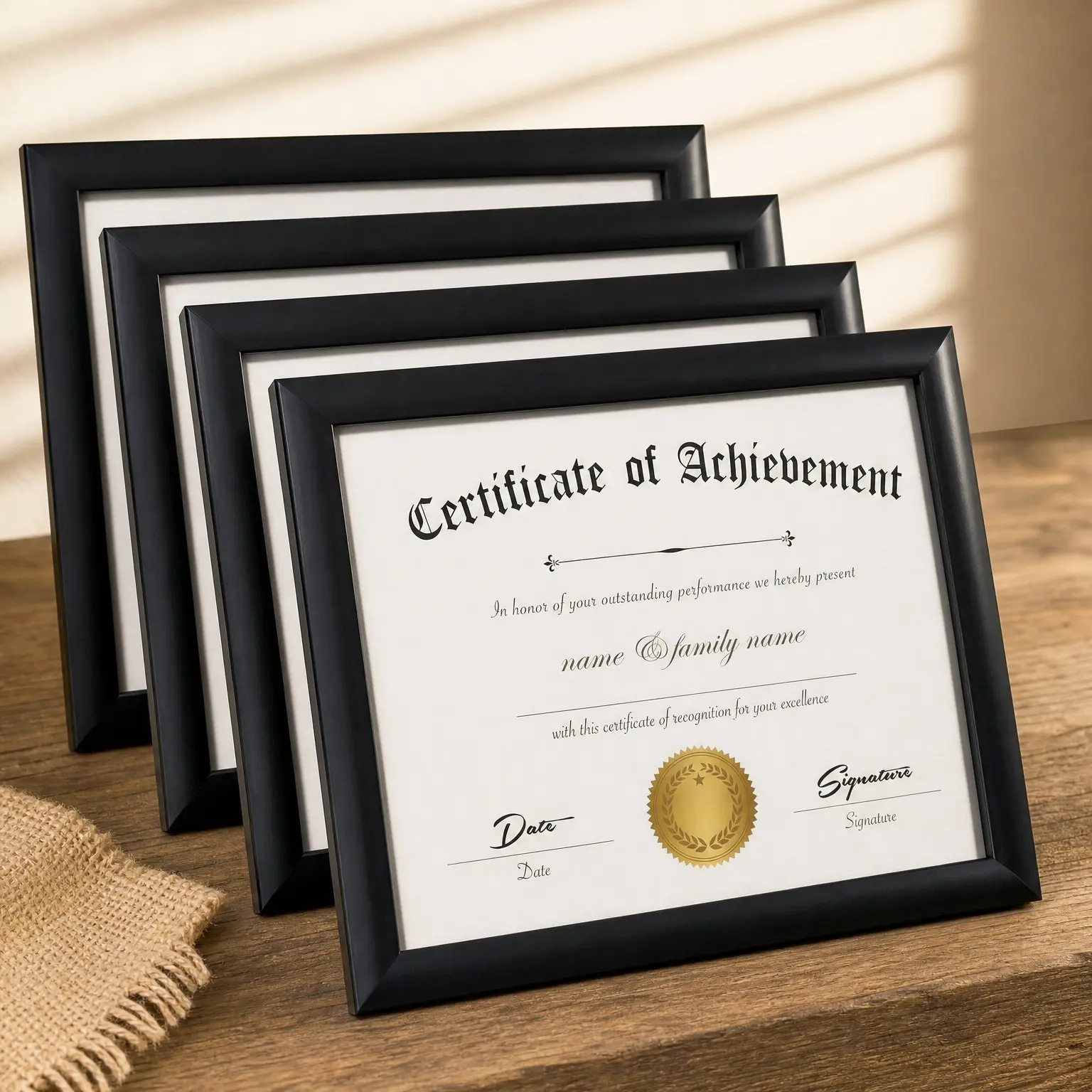 8.5x11 Picture Frame 4 Pack, Black Certificate Document Diploma Frame, Sturdy Wood Composite, Semi-Tempered Glass, Hanging Hardware & Desktop EaselGift
