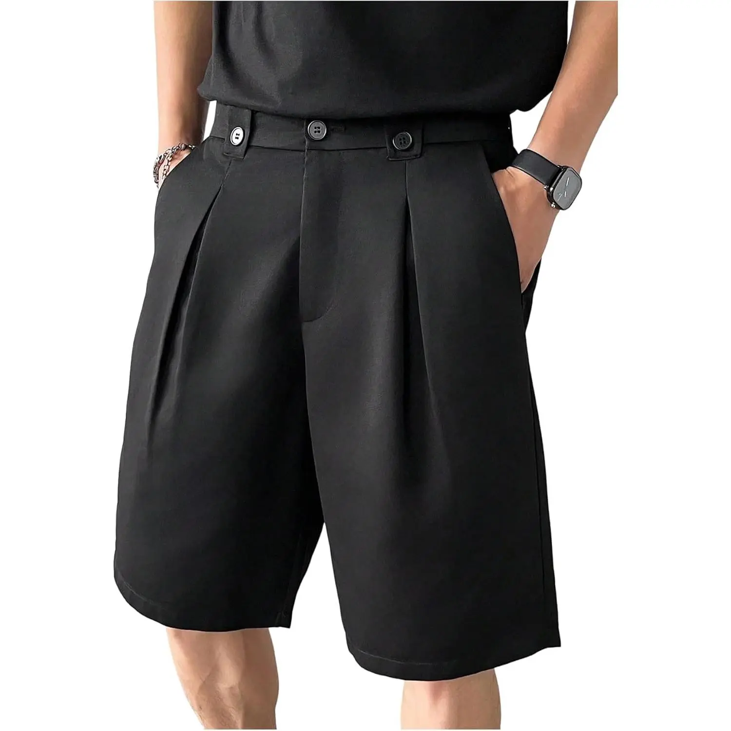 Men's Knee-Length Pleated Bermuda Shorts - Casual Straight Pants with Pockets, Zipper, Breathable Soft Fabric for Office Work or Afternoon Tea Styling with Sneakers