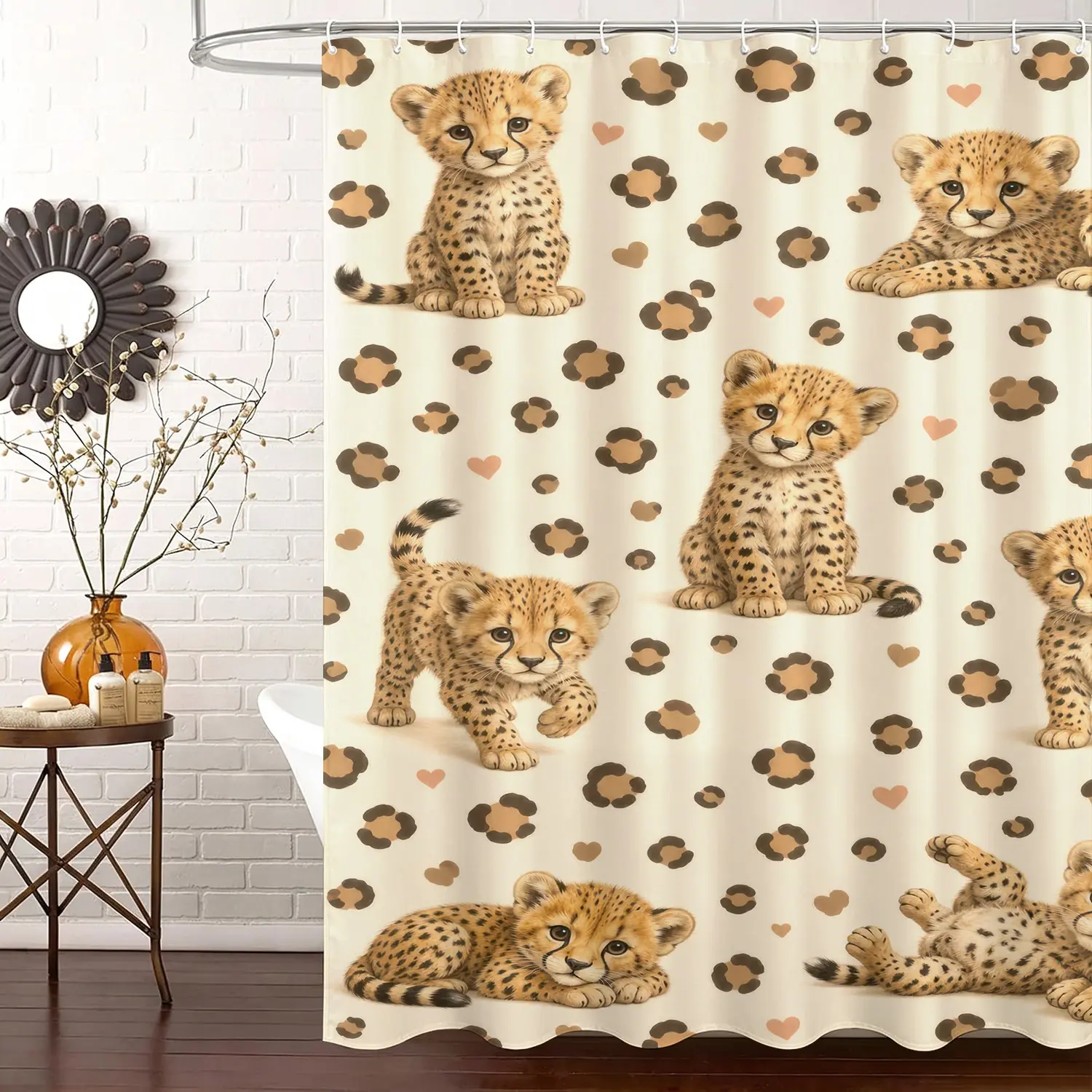 Cute Baby Cheetah Pattern Aesthetic Shower Curtain, Wild Animal Print Bathroom Decor, Waterproof, Free Plastic Curtain Hooks Included, Machine Washable