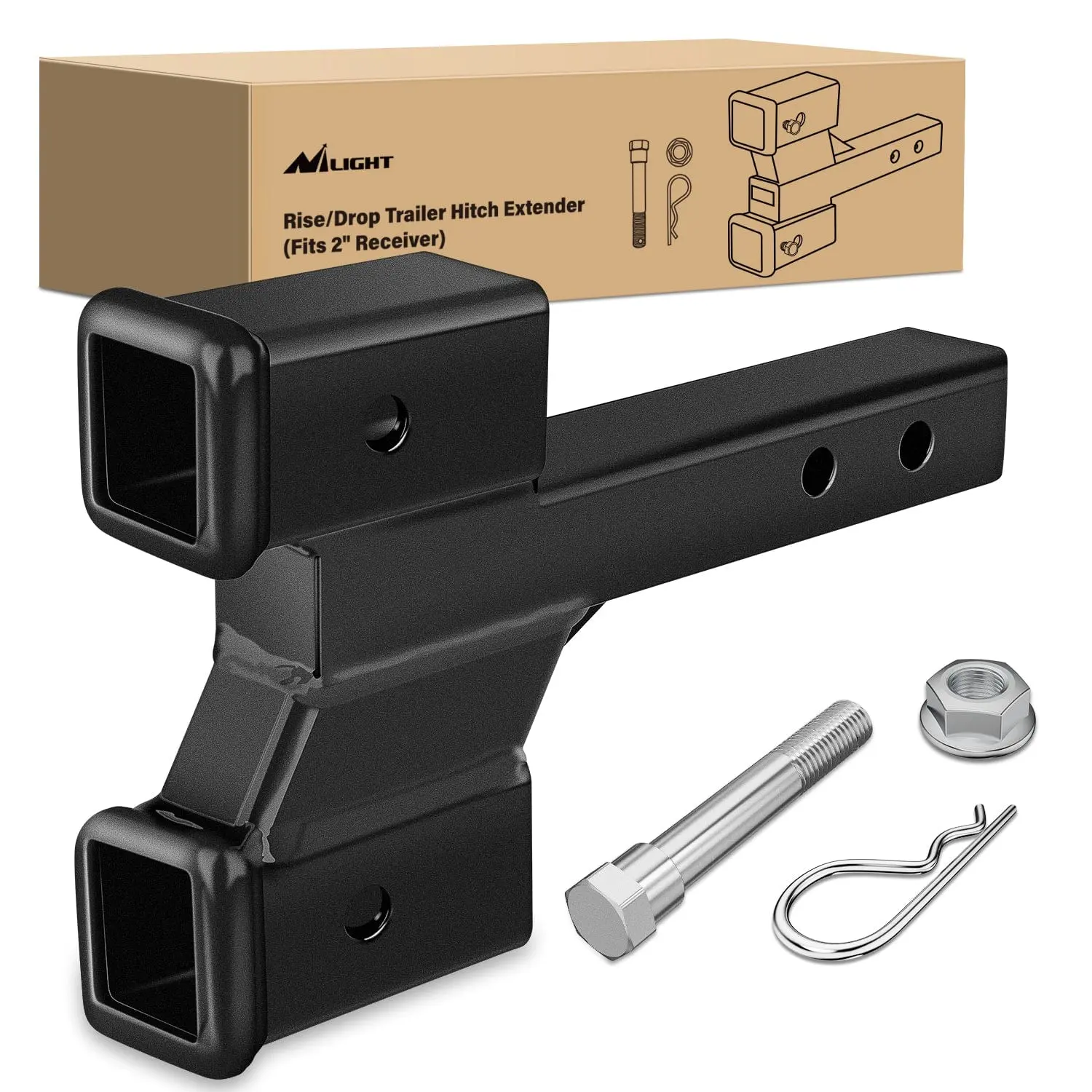 Nilight 2-Inch Dual Trailer Hitch Receiver, Adjustable Black with 2/4-Inch Rise-Drop, Full Welding, High-Strength Corrosion-Resistant Hardware, Solid Body, Fits 2", Boats, Hitch Mount, Campers