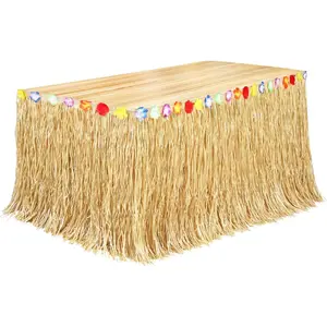 Luau Grass Table Skirt Natural 9 Feet x 29.5 Inch Hawaiian Table Skirt for Tropical Hawaiian Party Decorations Luau Costume Party, Straw Yellow