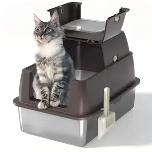 DVPETS Stainless Steel Cat Litter Box with Lid - XL 18" Deep for Big Cats,180° Flip-Top, Odor-Free & Anti-Leak with Scoop On-Site,High Sided Open Top Cat Litter Box
