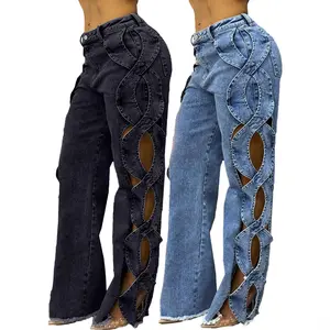Spring/Summer European and American Women's Fashion Unique Side-Cutout S-Line Denim Patchwork Pants