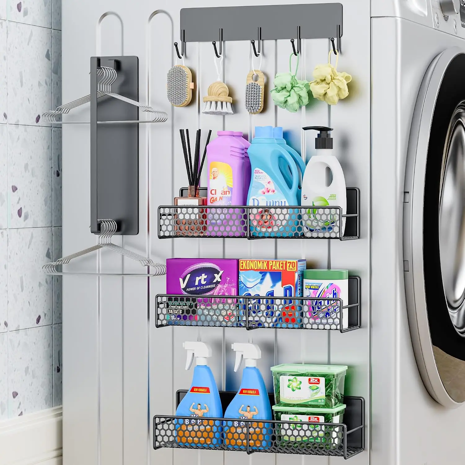5 Pack Multifunctional  Shelves for Washing Machine & Refrigerator - Heavy Duty Laundry Room Organization System with Tool Hooks, Metal Storage Baskets (Grey)