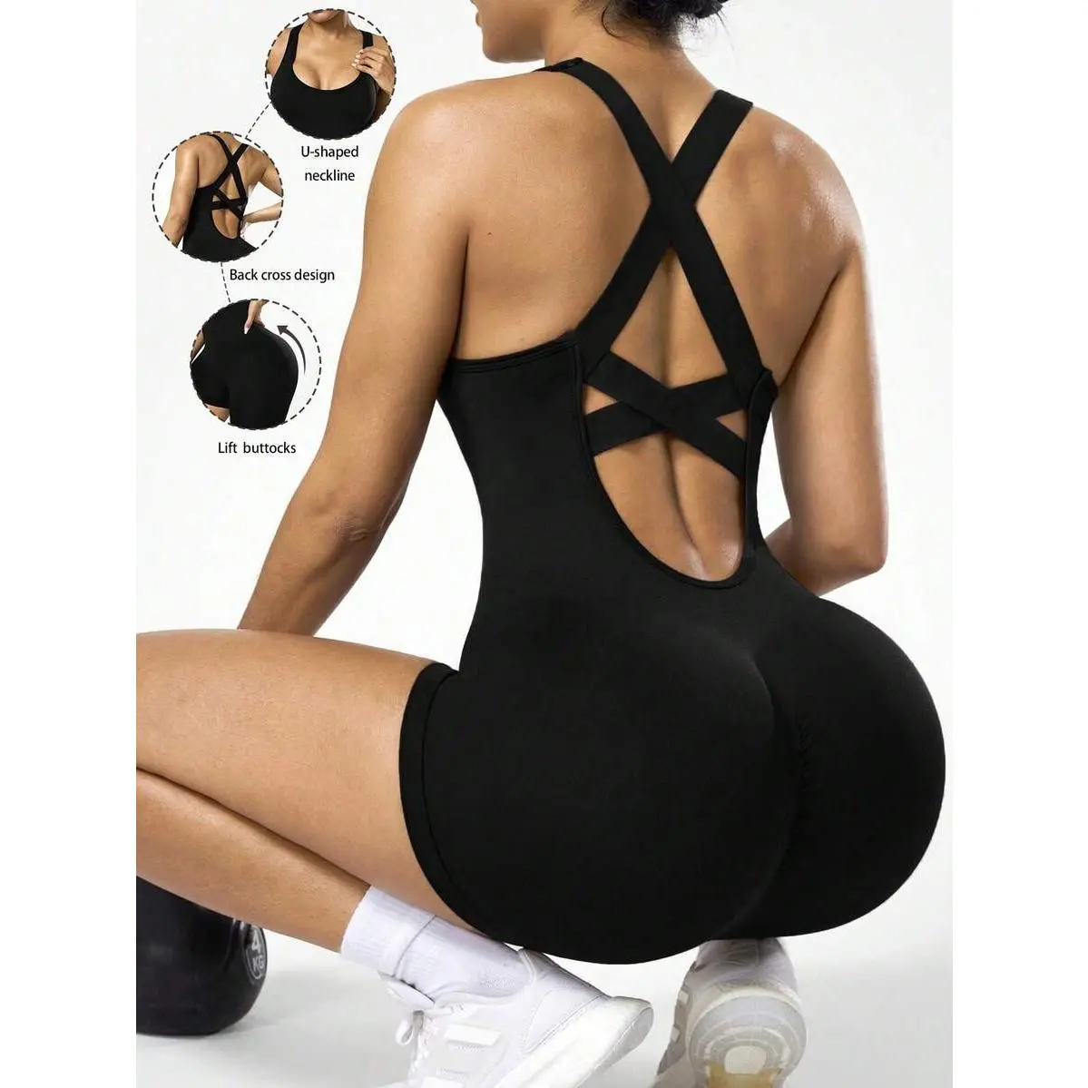 Women's Seamless Black Yoga Jumpsuit With Criss-Straps,Tummy Control Backless Body Shaper,Athleisure Gym Workout Bodysuit Leotards