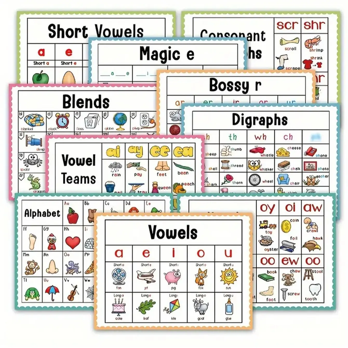 10 Natural Phonics Reading Posters, Toddler Education Word Cards, Classroom Wall Decor, English Teaching Aids, Learning Tools for Kids