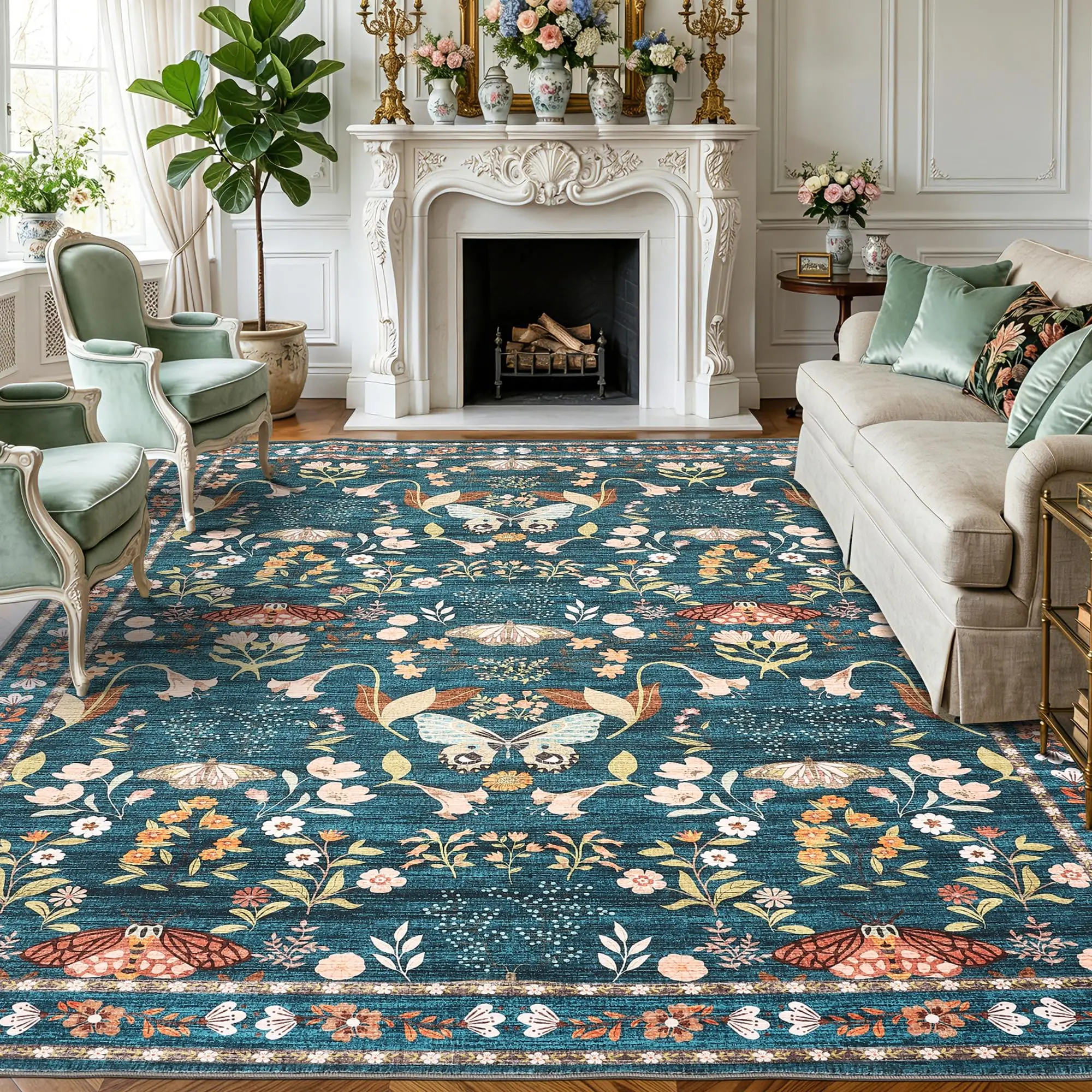 GARVEE 8x10 Washable Area Rug, Non-Slip Low Pile Rug with Butterfly Floral, Stain Resistance Carpet for Living Room, Bedroom, Dining Room, Dark Green