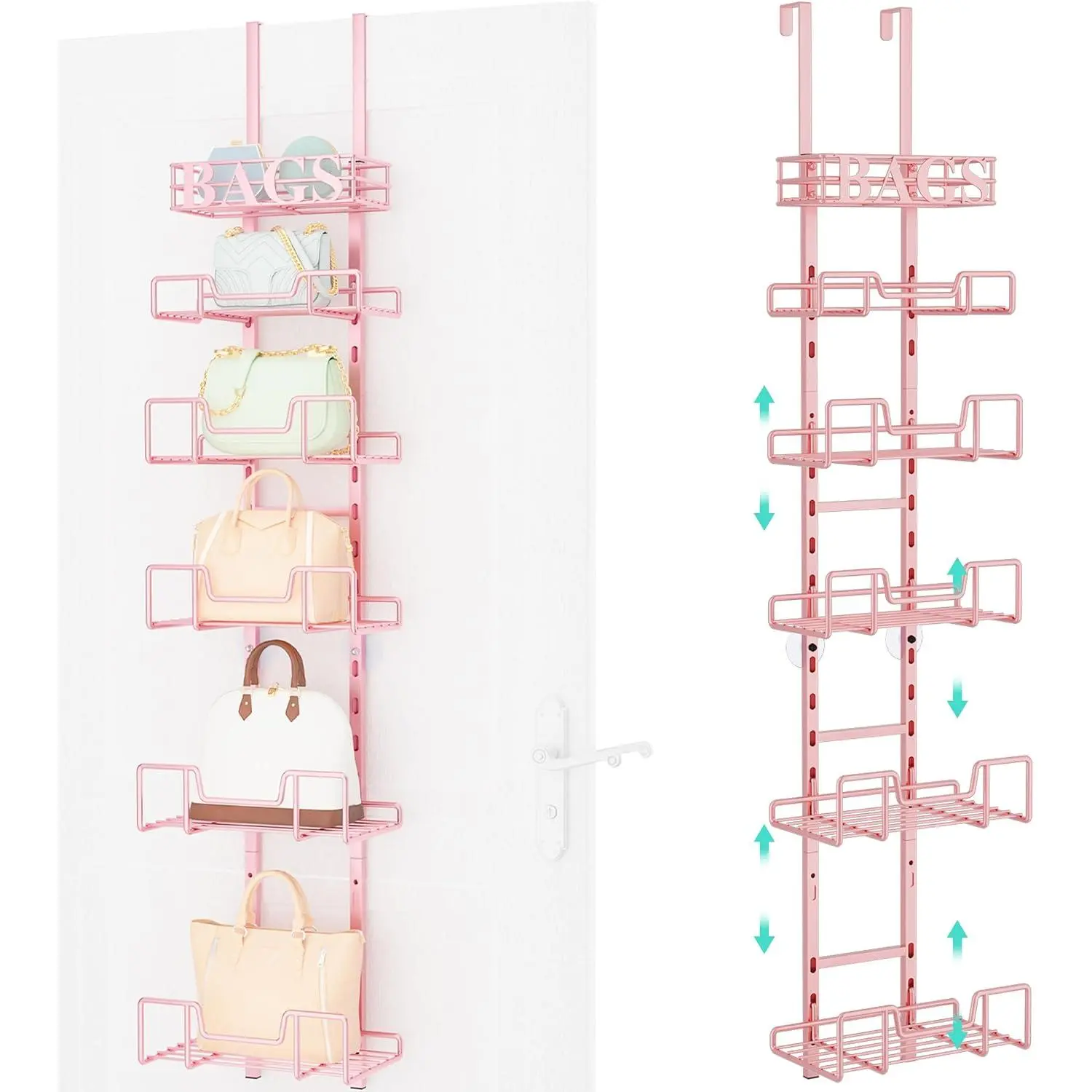 Over Door Purse Organizer - Adjustable Purse Storage Rack with Bags Design Metal Basket, Wall Mounted Handbag Organizer,  Handbag Holder, Can Use As 1/2 Part Detachable