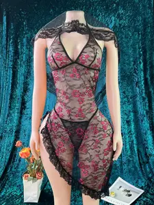 Women's Sexy Floral Sleepwear Set, 3-Piece with Lingerie and Veil, Perfect for Parties and Night, Summer Fashion