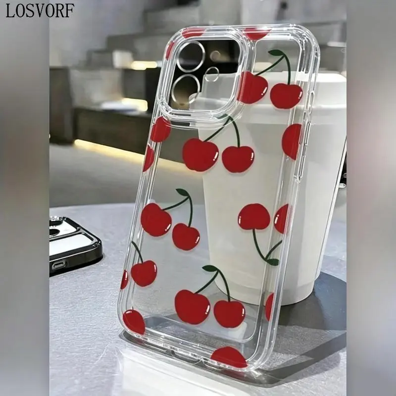 LOSVORF For Apple iPhone Case Black Space Red Cherry Design Shockproof Protective Cover Slim Fit Grip Anti Slip Back Cover